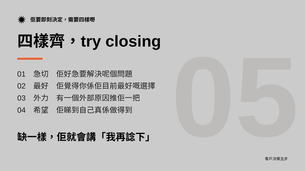 四樣齊,try closing